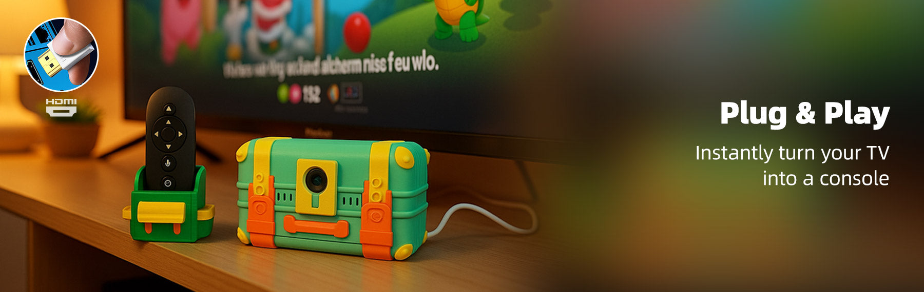 Wonder Trek gaming console, vibrant colors, plug and play, family fun games.