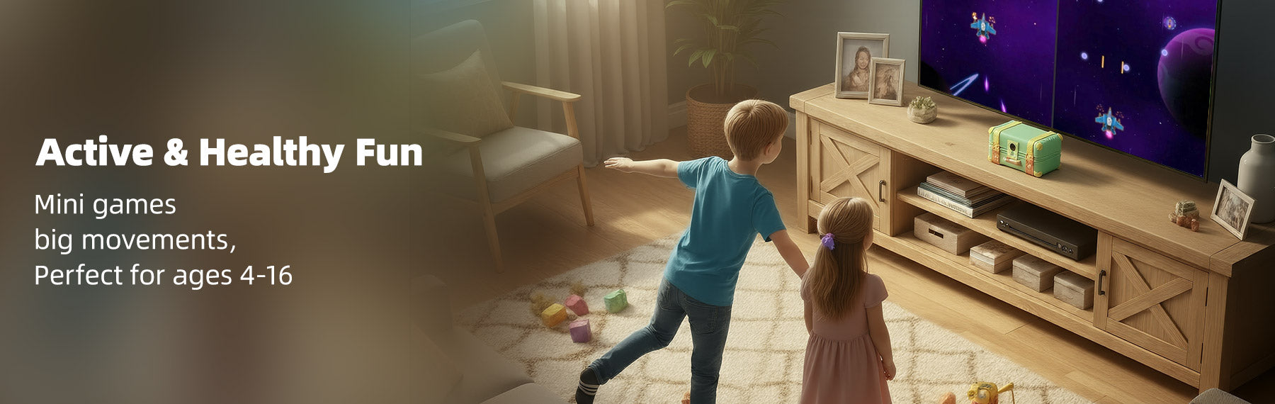 Children playing Wonder Trek interactive motion sensor games, perfect Christmas gift idea promoting active indoor family fun and healthy play.