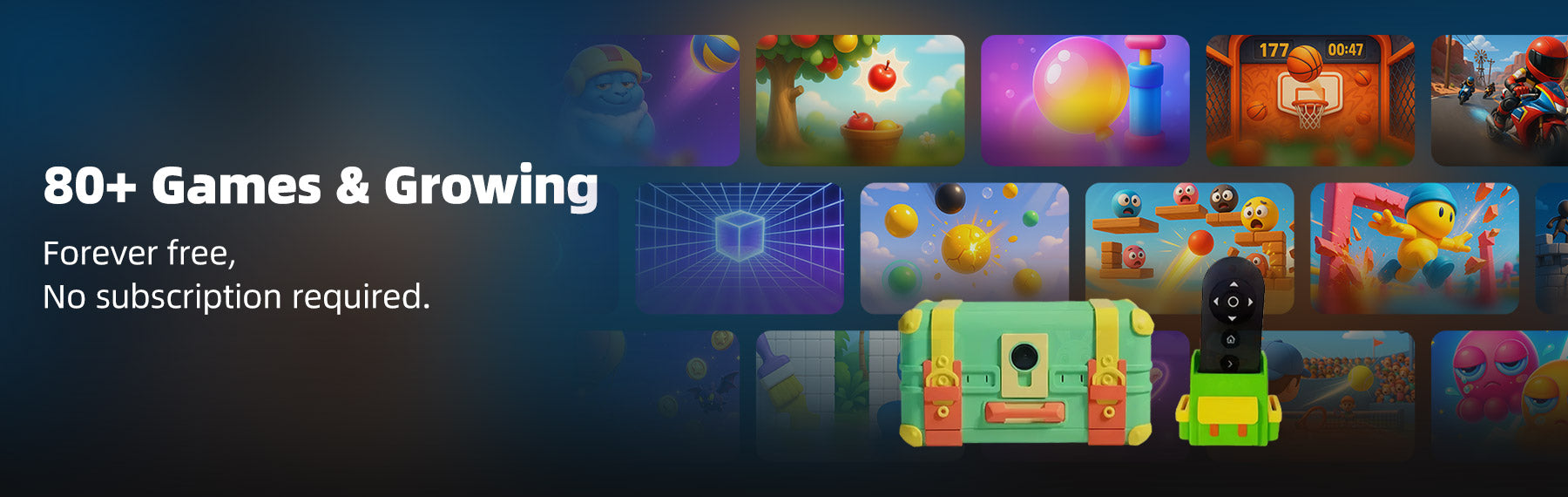 Wonder Trek gaming console, 80+ family fun games, educational, forever free, no subscription.